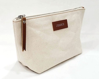 Personalized Canvas Makeup Bag, Leather Trim Toiletry Pouch