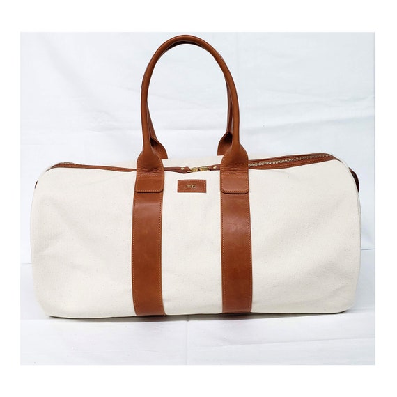 Travel Bag Canvas Bag With Leather Trim Round Duffle Bag Weekender Bag Large Carry on Bag Elegant Travel Bag Beige and Brown Bag Etsy
