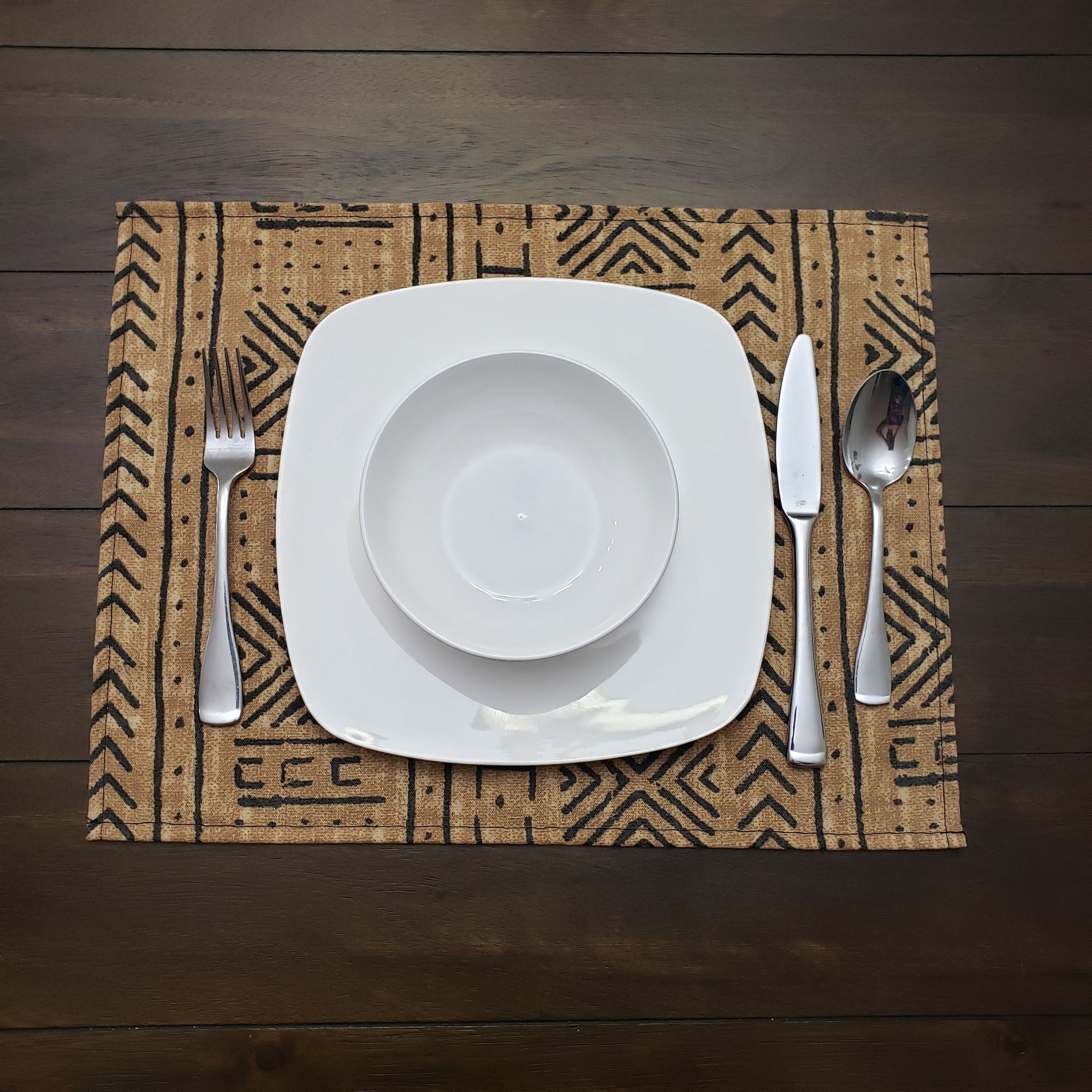 Mudcloth Print Placemat, Mali Mudcloth Print Placemat, Pecan Mudcloth