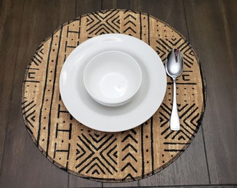 Mali Mudcloth Print Round Placemat, Pecan, Made in USA