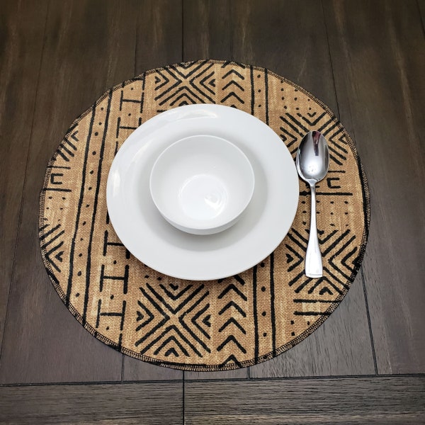 Mali Mudcloth Print Round Placemat, Pecan, Made in USA