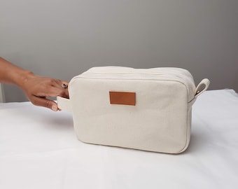 Trousse de toilette, Sac lavable, Sac de maquillage, Sac en toile, Sac cosmétique, Sac beige, Kit de rasage, Grande trousse de toilette, Sac de voyage, Cadeau personnalisé