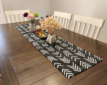 Black and White Mudcloth Print Table Runner, Boho Decor