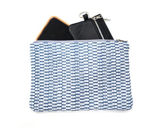 Blue Woven Chenille Pouch, Handmade Fabric Handbag