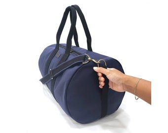 Navy Canvas Duffel Bag, Large Round Travel Carry On, Gym Sports Weekender Bag