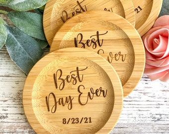 Set of 4 Custom Engraved Bamboo Coasters | Personalized Coaster Set | Custom Wedding Favors | Housewarming | Wedding Decor