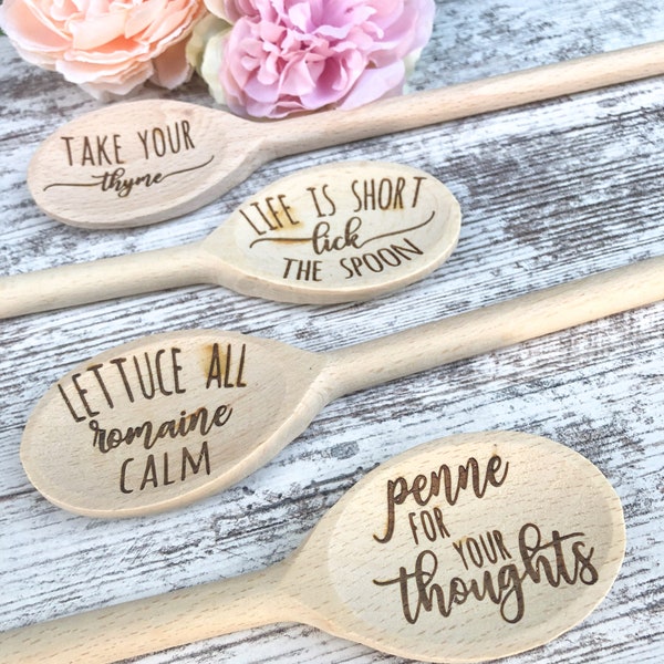 Wooden Laser Engraved Spoons, Wood Spoons, Wood Kitchen Spoons, Engraved Spoons, Funny Spoons, Food Puns, Custom Spoons, Custom Gifts