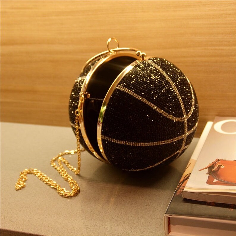 Black Basketball Rhinestone gold trim Round Basketball Purse Etsy