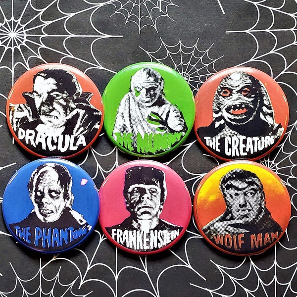 Famous Monsters  1960s pinback Horror Buttons & Bottle Openers.