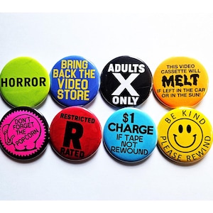Video Rental Sticker Buttons Magnets & Bottle Openers. Set 01
