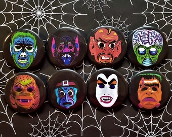 Vintage Halloween Masks pinback Buttons & Bottle Openers.