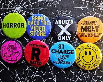 Video Rental Sticker pinback Buttons & Bottle Openers. Set 1