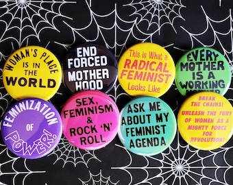 Vintage Reproduction pinback Buttons & Bottle Openers. feminist set 4