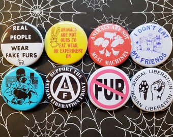 Vintage Reproduction pinback Buttons & Bottle Openers. Animal Rights
