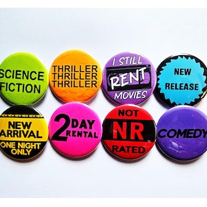 Video Rental Sticker Buttons Magnets & Bottle Openers. Set 03