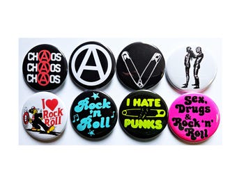 Punk Rock n Roll Buttons Magnets & Bottle Openers. Set 02
