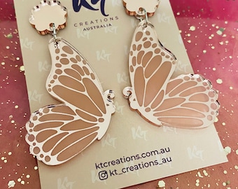 Rose Gold Butterfly Wing Acrylic Dangle Earrings and rose gold flower acrylic topper