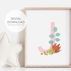 Letra floral J Nombre Signo imprimible - Arte de pared de signo inicial - Impresión de decoración minimalista de guardería - Descarga digital
