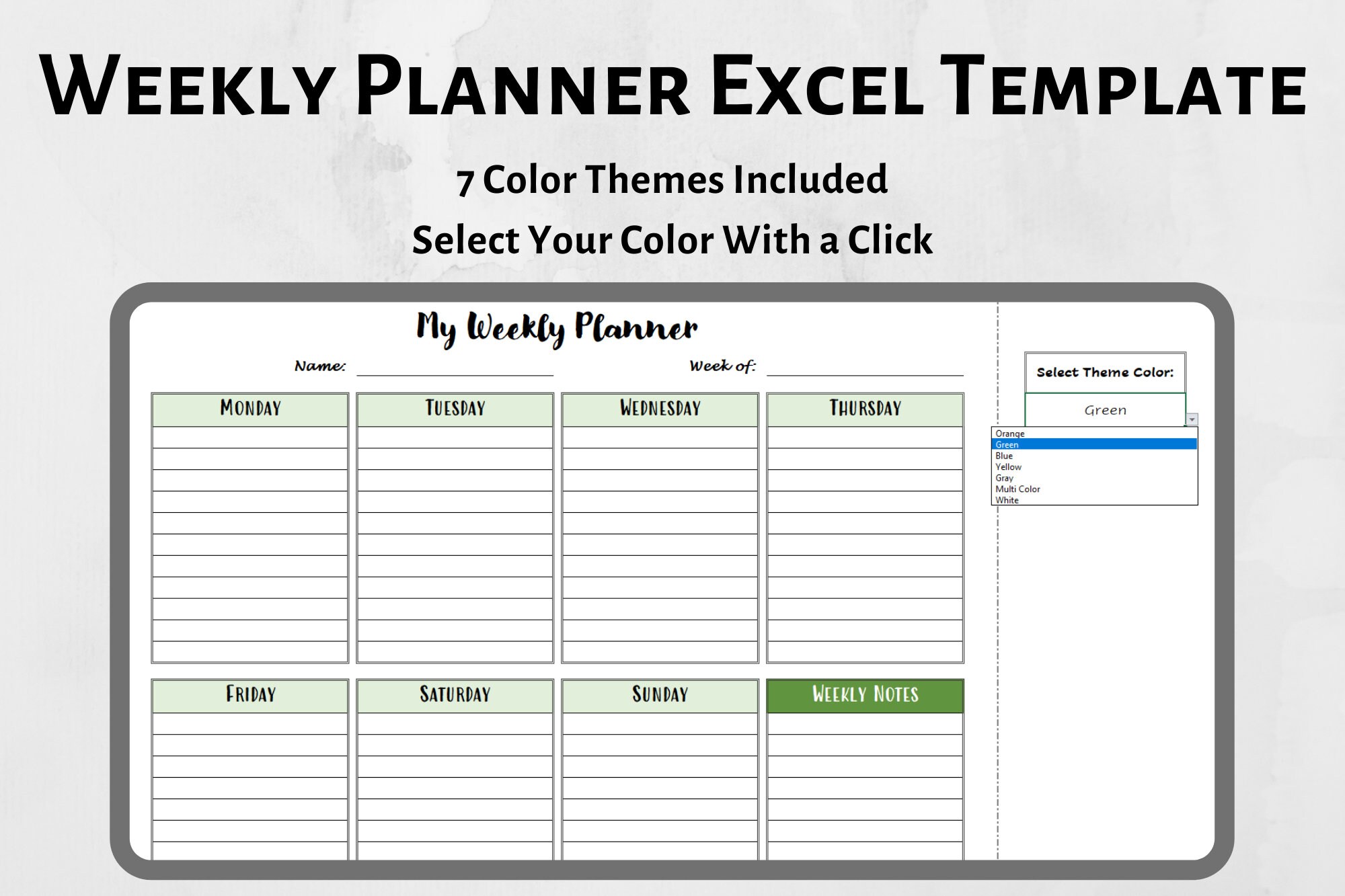 Weekly Planner Digital Excel Template with 7 Color Themes Etsy