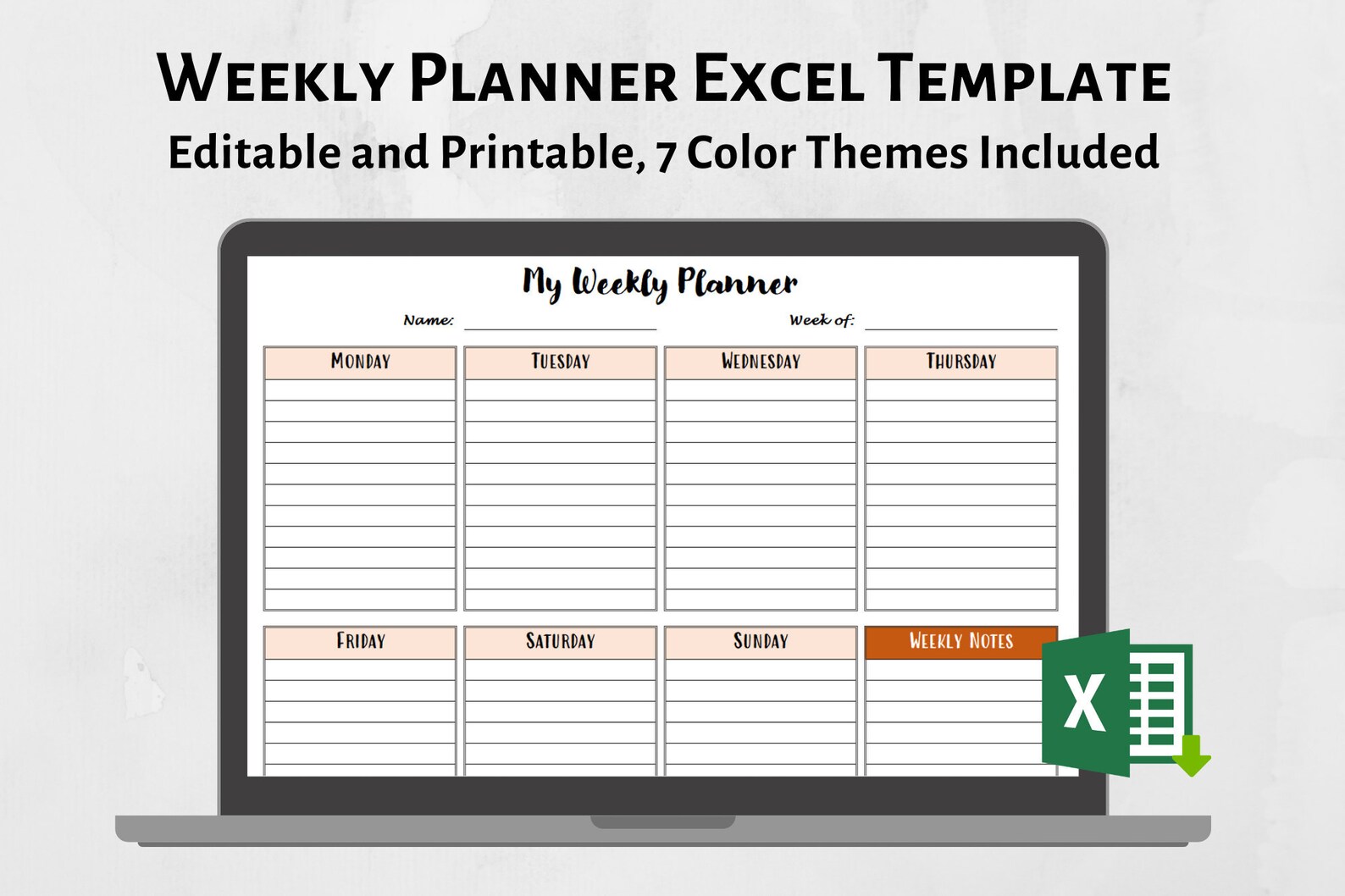 Weekly Planner Digital Excel Template with 7 Color Themes Etsy
