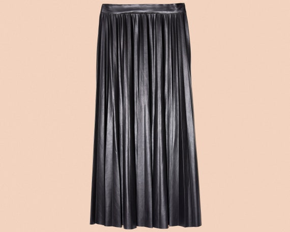 80s Pleated Black Vinyl Midi Skirt