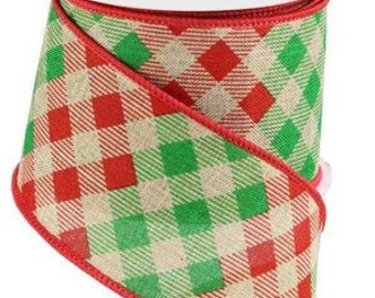 Beige Red and Green Diagonal Check Canvas Wired Ribbon 2.5" x 10 Yard Roll - Christmas Plaid Ribbon