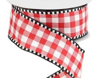 Red and White Gingham Check with Dashed Edge Wired Ribbon 1.5" x 10 Yard Roll