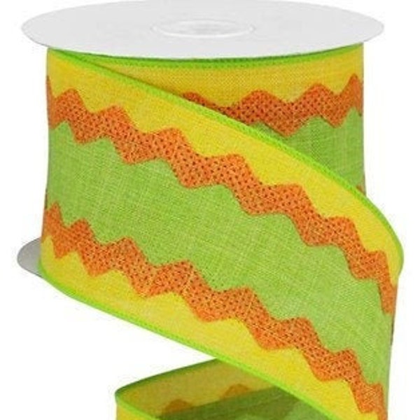Lime Green Orange and Yellow Ric Rac Canvas Wired Ribbon 2.5" x 10 Yard Roll