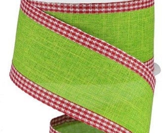 Lime Green with Red Gingham Edge Canvas Wired Ribbon 2.5" x 10 Yard Roll - Christmas Ribbon