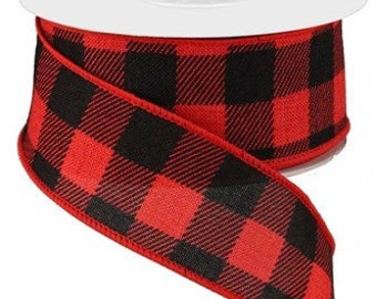 Red and Black Buffalo Check Canvas Wired Ribbon 1.5" x 10 Yard Roll