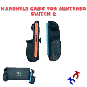 Peut inclure: Poignées de jeu noires et oranges pour Nintendo Switch 2. Les poignées ont une surface texturée pour une meilleure prise en main et présentent un design élégant. L'image montre également la console Nintendo Switch 2 avec les poignées attachées. Le texte "HANDHELD GRIPS FOR NINTENDO SWITCH 2" est affiché en rouge.