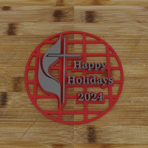 Może przedstawiać: Czerwona okrągła ozdoba z szarym wzorem płomienia i tekstem "Happy Holidays 2024".