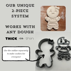 Puede incluir: Dos cortadores de galletas de jengibre de pl&aacute;stico gris, uno con un contorno y otro con un dise&ntilde;o s&oacute;lido. El cortador de contorno est&aacute; etiquetado como "Autumn" y el cortador s&oacute;lido est&aacute; etiquetado como "Penny".