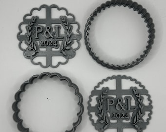 CUSTOM Initials and Year Wedding Cookie Cutter with Wreath || Personalized || Bridal