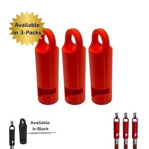 May include: Three bright orange cylindrical whistles with a top loop for attachment. A gold starburst graphic states Available in 3-Packs. A smaller black whistle is shown with text Available in Black, and three whistles are attached to poles.