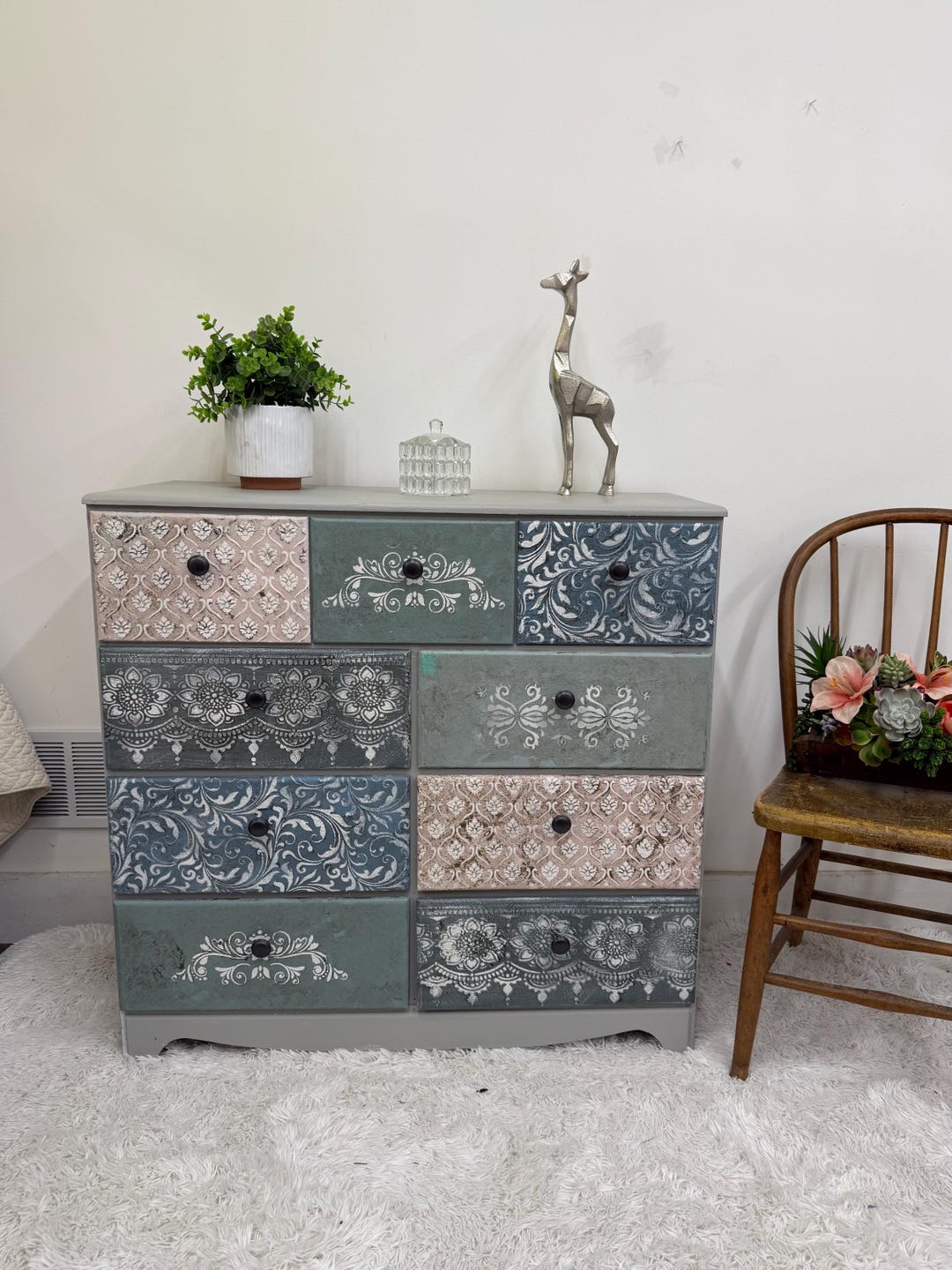 Image showcasing 9 Drawer Dresser - Hand Painted & Stenciled - Vintage - Wood ...