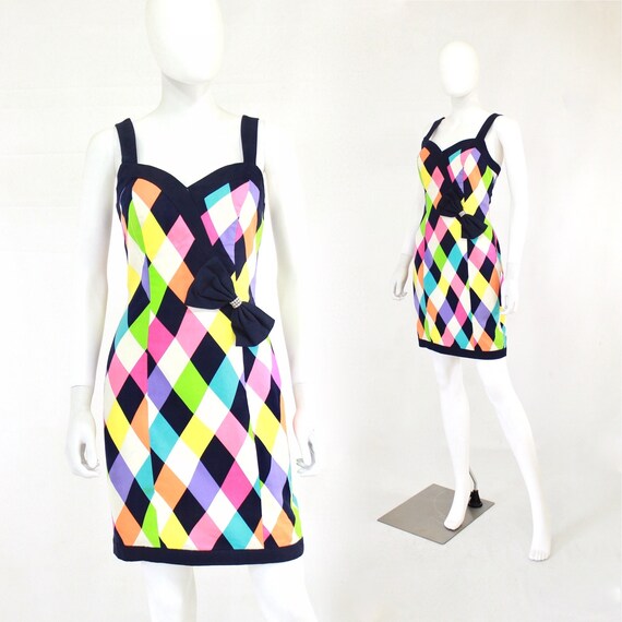 1990s Rainbow Harlequin Diamond Print Cocktail Dre