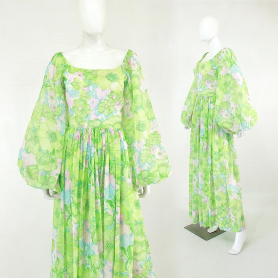 1970s Green Ethereal Dress with Large Balloon Slee