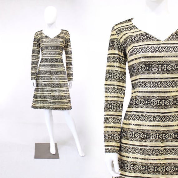 1960s Black & Gold Lurex Border Print Cocktail Dre