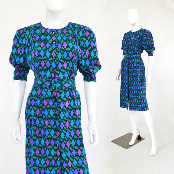 1980s Jewel Tone Harlequin Diamond Print Dress - V