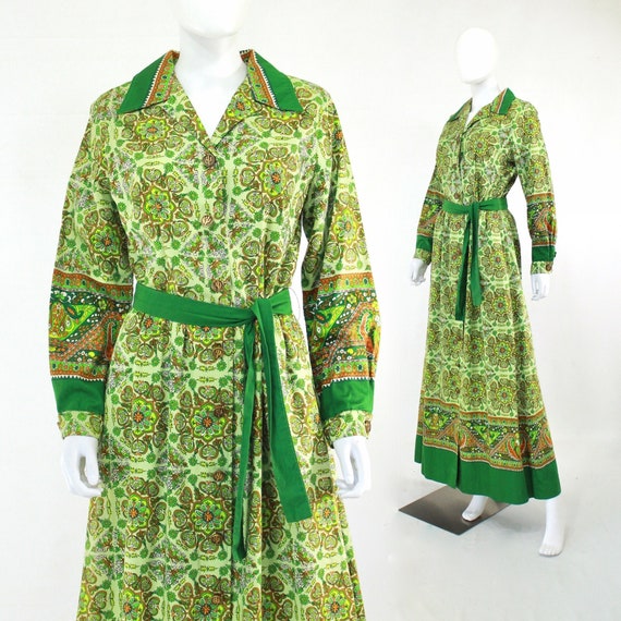 1970s Green Western Wear Border Print Maxi Dress -