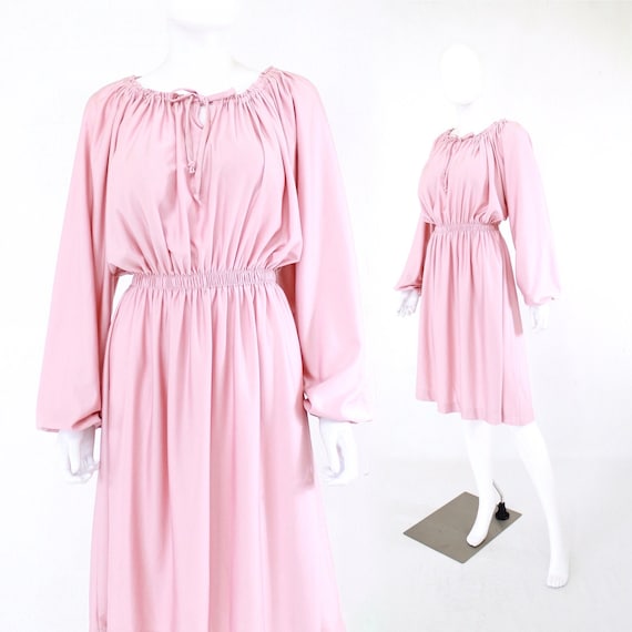 1970s Dusty Rose Pink Dress with Balloon Sleeves -