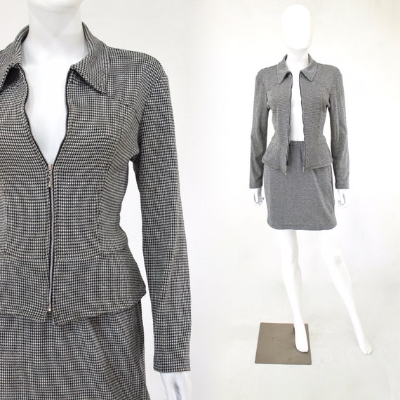 1990s Black & White Houndstooth Mini Skirt Suit -