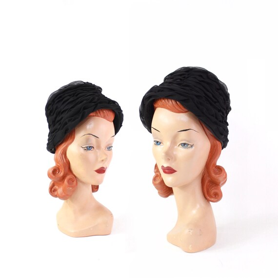 1960s Black Chiffon Bucket Hat - 1960s Black Hat -