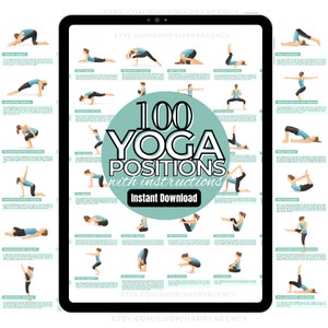 Impresión de 100 posturas de yoga, póster de posturas de yoga, arte de pared de posturas de yoga, posturas de yoga imprimibles digitales, pegatinas de yoga, tarjetas de yoga, tarjetas de posturas de yoga