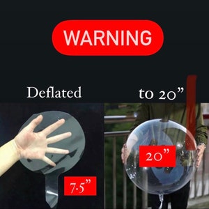 Pode incluir: Um bal&atilde;o transparente desinflado para 7,5 polegadas e inflado para 20 polegadas. O bal&atilde;o &eacute; mostrado em duas imagens, uma com uma m&atilde;o segurando o bal&atilde;o desinflado e a outra com uma pessoa segurando o bal&atilde;o inflado. O texto "WARNING" &eacute; mostrado em vermelho no topo da imagem. O texto "Deflated" &eacute; mostrado abaixo da primeira imagem e o texto "to 20" &eacute; mostrado abaixo da segunda imagem.