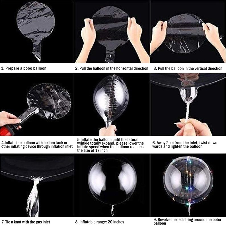 Pode incluir: Um guia passo a passo sobre como inflar um bal&atilde;o bobo transparente com uma corda de luzes LED dentro. As instru&ccedil;&otilde;es incluem preparar o bal&atilde;o, infl&aacute;-lo com h&eacute;lio, amarrar um n&oacute; e envolver a corda LED ao redor do bal&atilde;o. O bal&atilde;o &eacute; inflado para um tamanho de 17 polegadas e tem um alcance infl&aacute;vel de 20 polegadas.