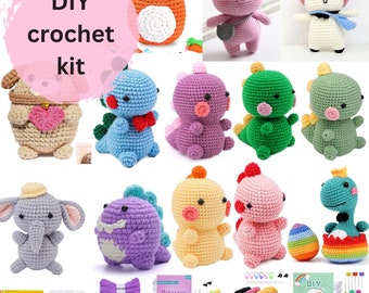 Dinosaur Crochet kit, Animal Amigurumi crochet kit, dog cat crochet kit, crochet project, crochet pattern, DIY craft kit, gift for