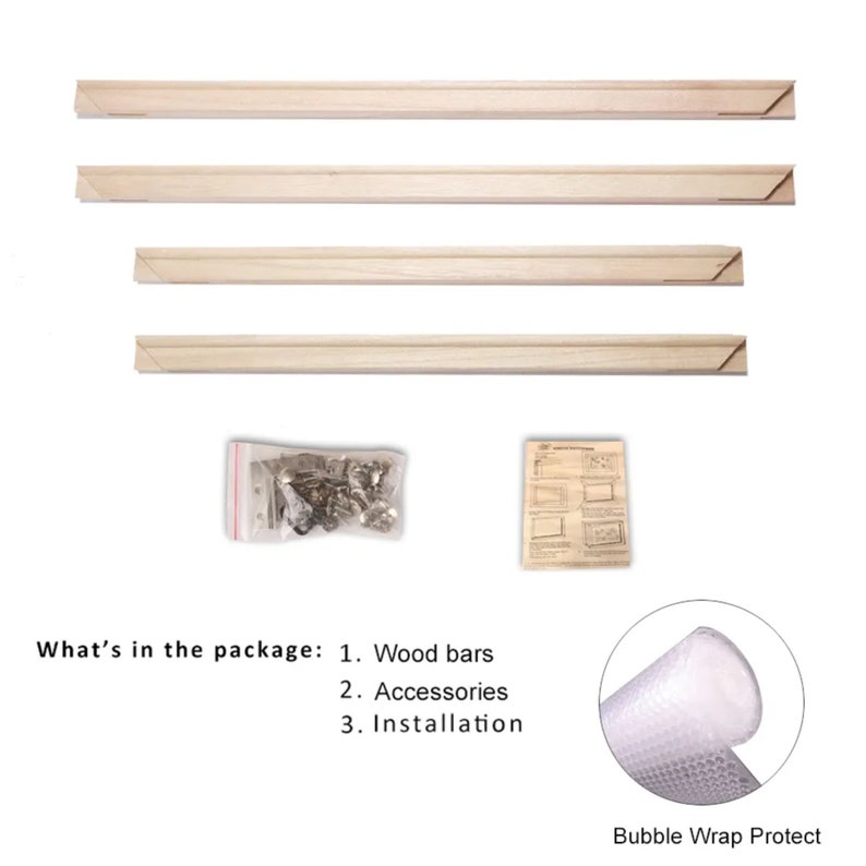 May include: Four wooden bars, a bag of hardware, instructions, and bubble wrap packaging. The text on the image reads "What's in the package: 1. Wood bars 2. Accessories 3. Installation" and "Bubble Wrap Protect".