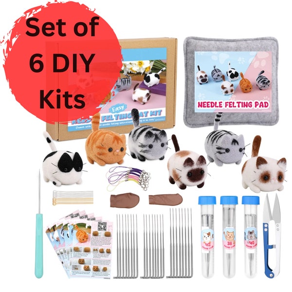 6 kits Cat Needle felting for beginners, Dog Wool Felting starter kit, needlepoint kit, DIY craft kit, animal felting painting gift for her
